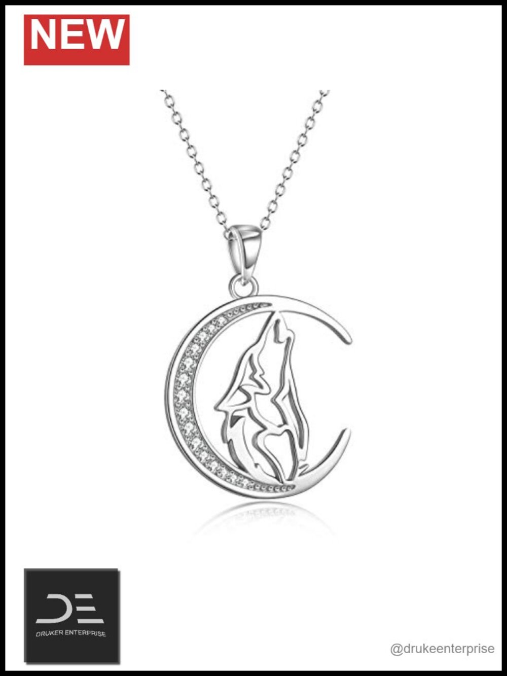 925 Sterling Silver Wolf Moon Pendant Necklace 18" Cubic Zirconia Howling Wolf